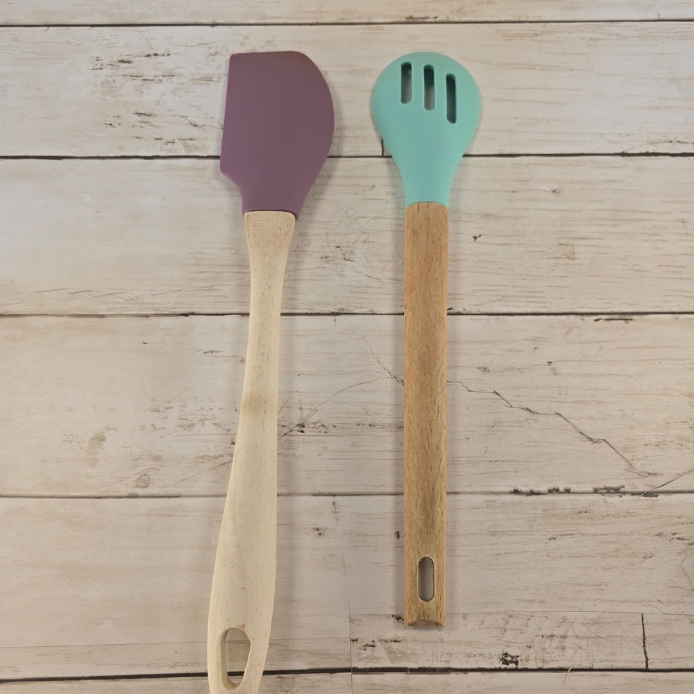 Bonne Table Silicone Spatula and Slotted Spoon Set Wood Handle Purple Mint Green